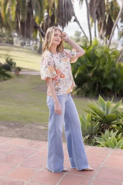 Lydia Short Puff Sleeve Floral Crochet Lace Top Sage