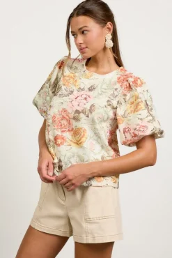 Lydia Short Puff Sleeve Floral Crochet Lace Top Sage