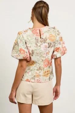 Lydia Short Puff Sleeve Floral Crochet Lace Top Sage
