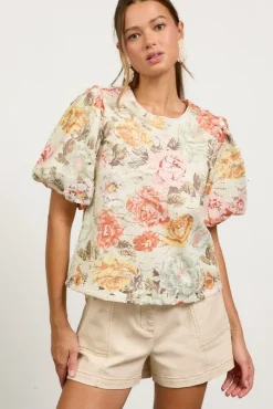 Lydia Short Puff Sleeve Floral Crochet Lace Top Sage