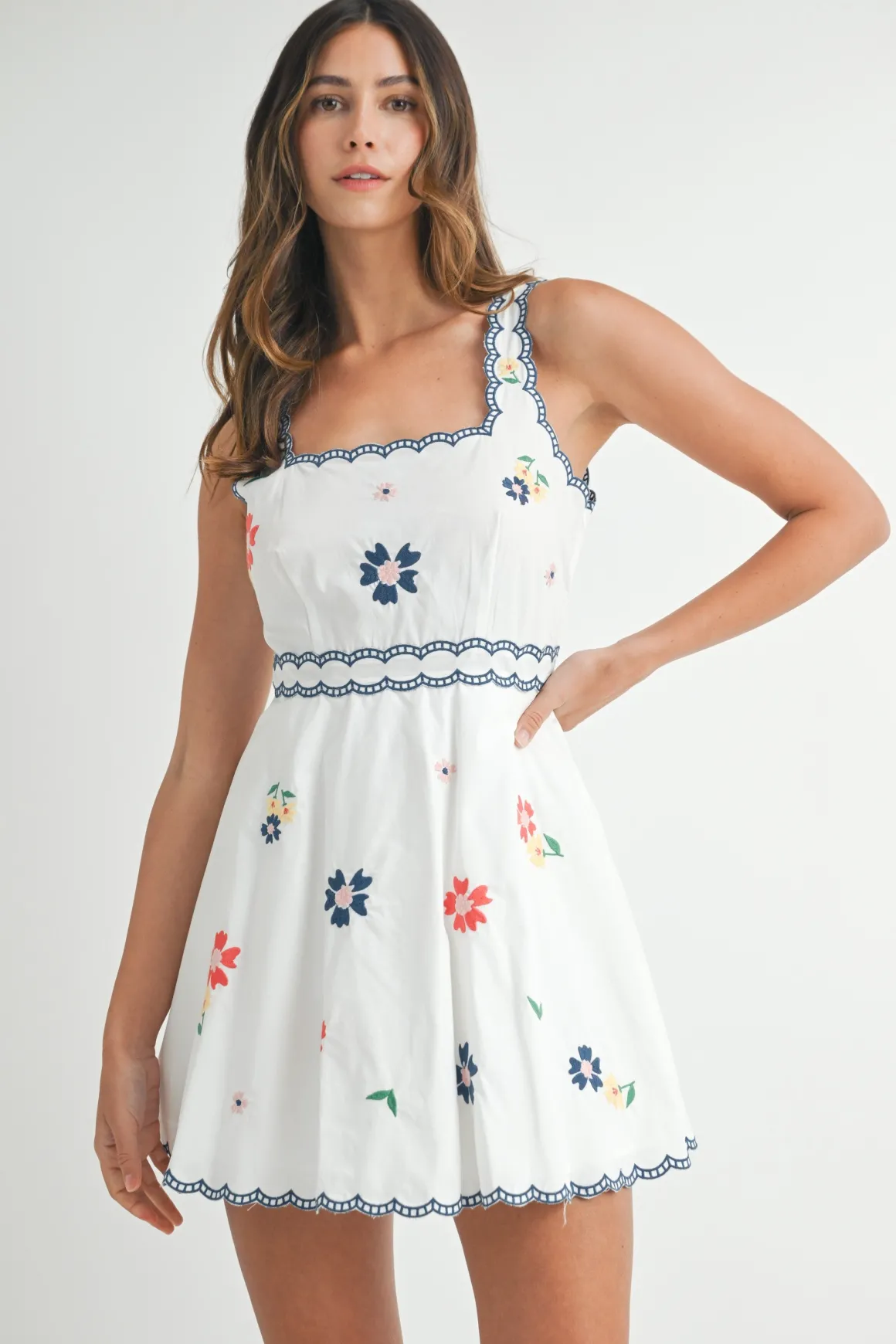 Maddie Sleeveless Embroidered Floral Print Mini Dress Navy