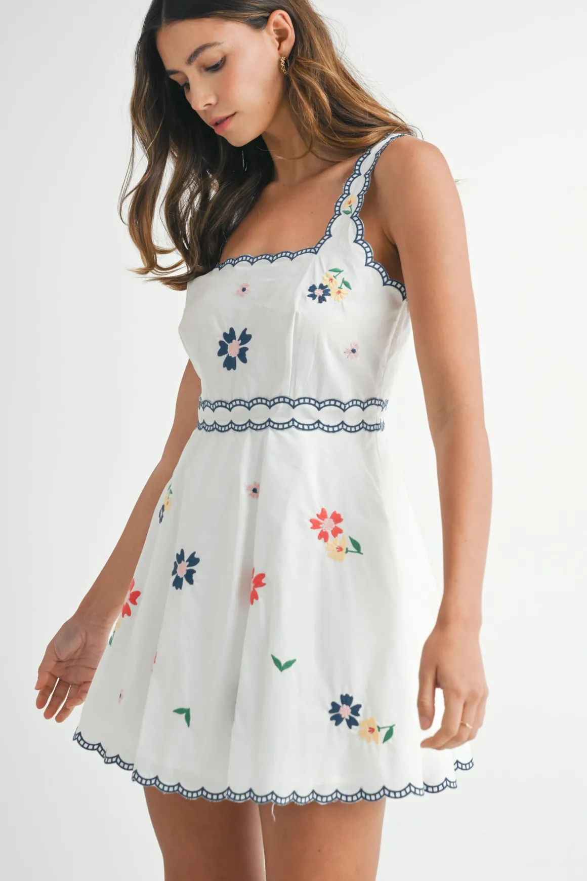 Maddie Sleeveless Embroidered Floral Print Mini Dress Navy