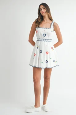 Maddie Sleeveless Embroidered Floral Print Mini Dress Navy