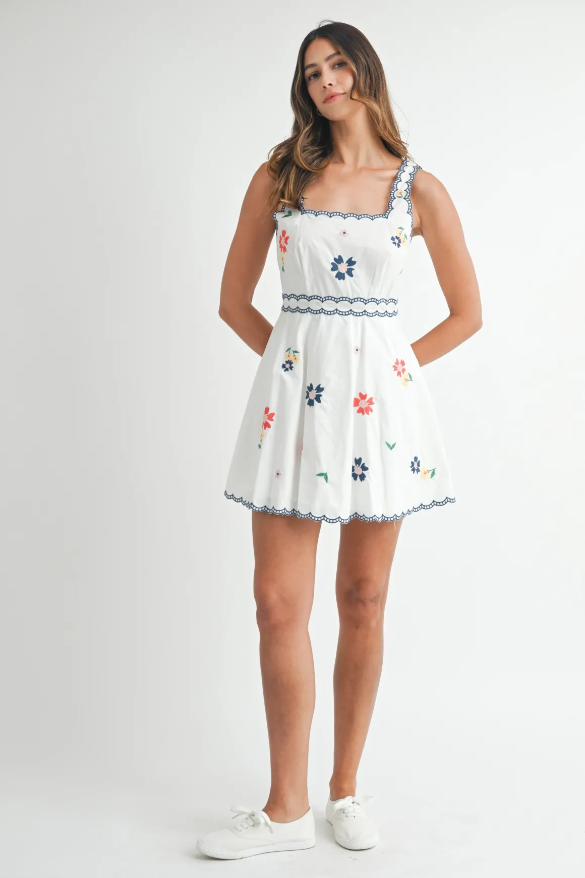Maddie Sleeveless Embroidered Floral Print Mini Dress Navy