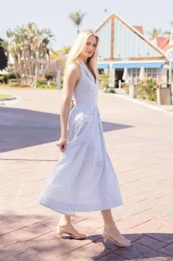 Madison Sleeveless Halter Gingham Print Midi Dress Sage