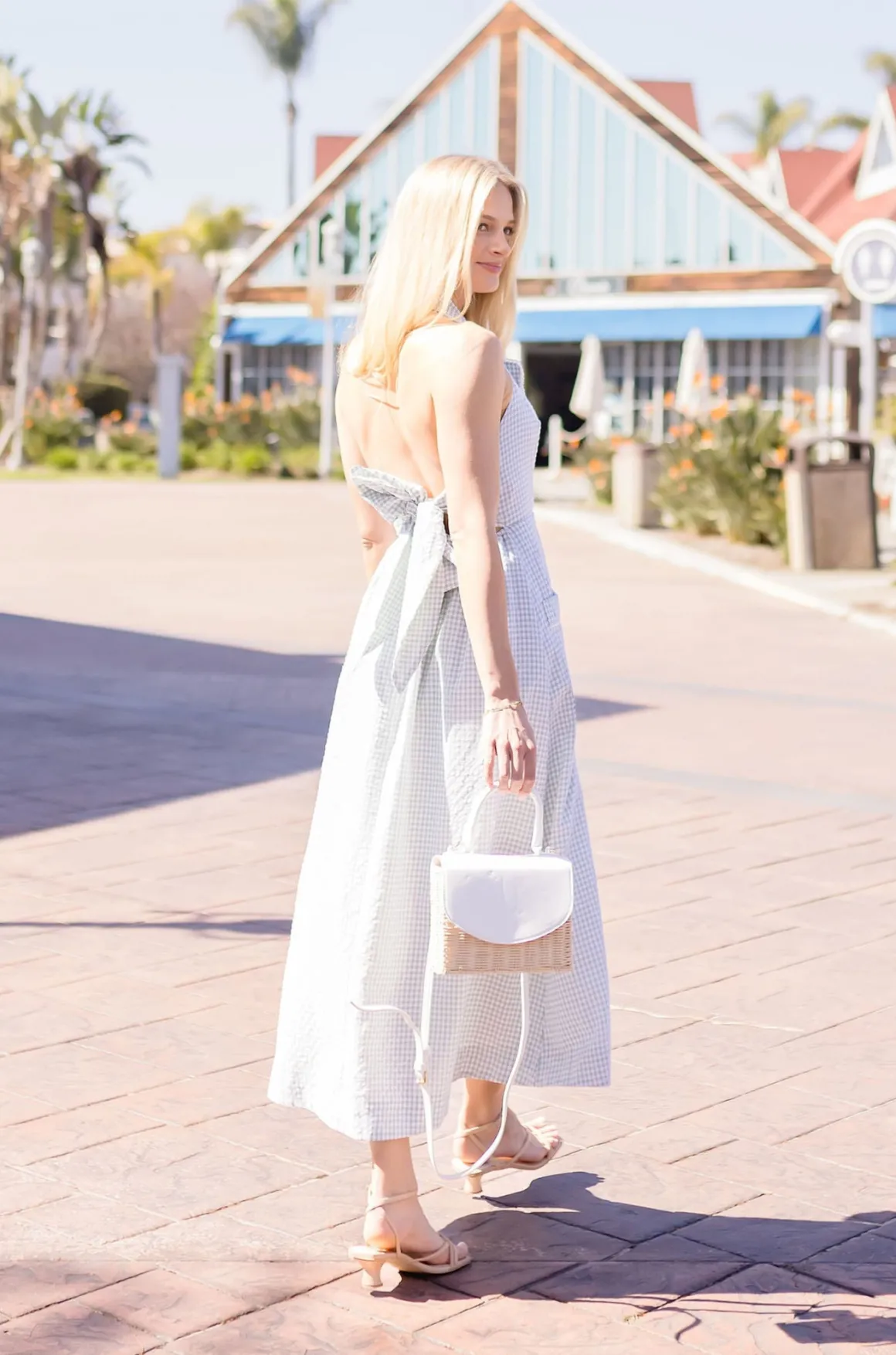Madison Sleeveless Halter Gingham Print Midi Dress Sage