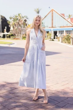 Madison Sleeveless Halter Gingham Print Midi Dress Sage