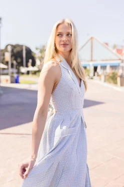Madison Sleeveless Halter Gingham Print Midi Dress Sage