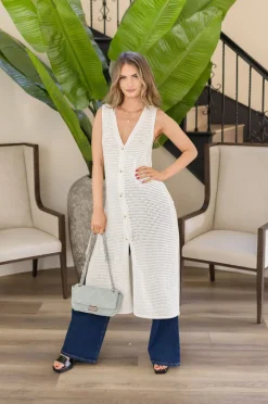 Mae Sleeveless Knit Button Down Long Cardigan White