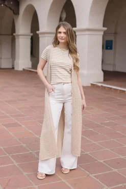 Mae Sleeveless Knit Button Down Long Cardigan Taupe