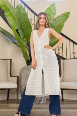 Mae Sleeveless Knit Button Down Long Cardigan White