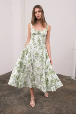 Maggie Sleeveless Corset Floral Print Midi Dress Green