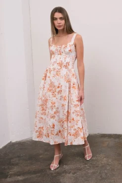 Maggie Sleeveless Corset Floral Print Midi Dress Ivory