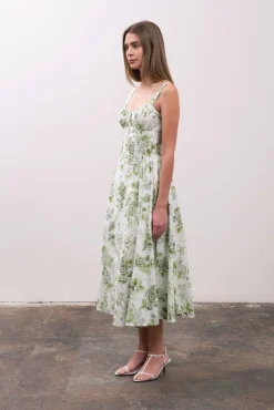 Maggie Sleeveless Corset Floral Print Midi Dress Green