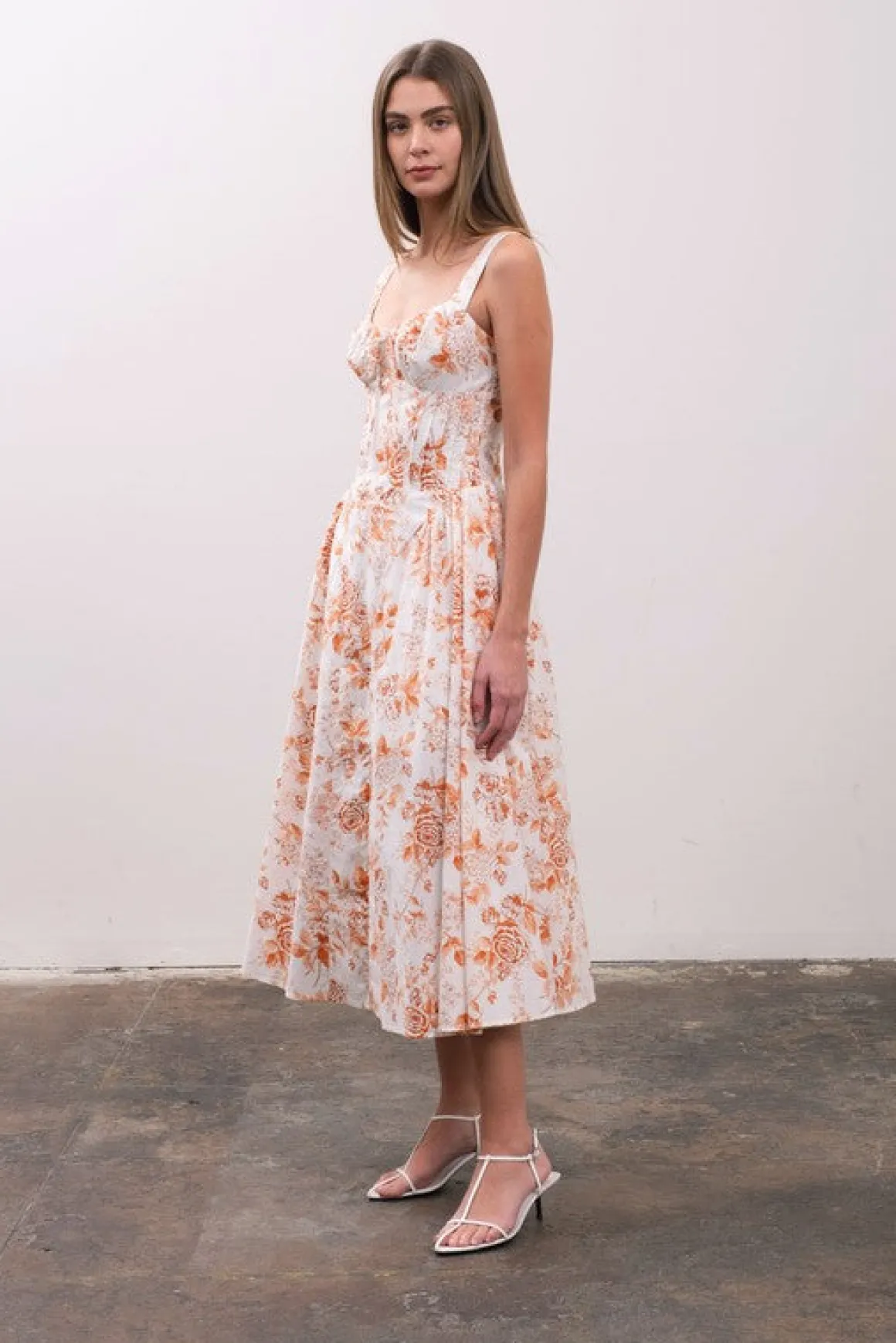 Maggie Sleeveless Corset Floral Print Midi Dress Ivory