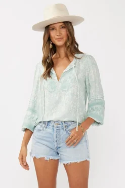 Makenna Long Sleeve Embroidered Top Teal