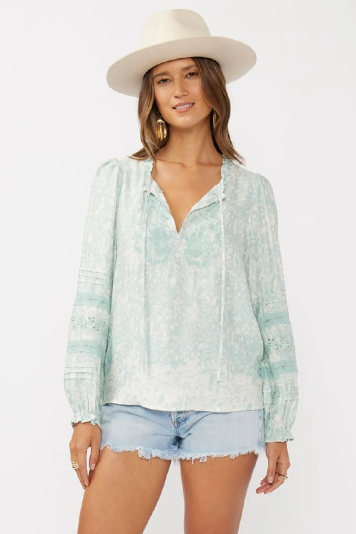Makenna Long Sleeve Embroidered Top Teal