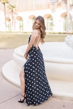 Maleah Sleeveless Low Open Back Polka Dot Print Maxi Dress Black