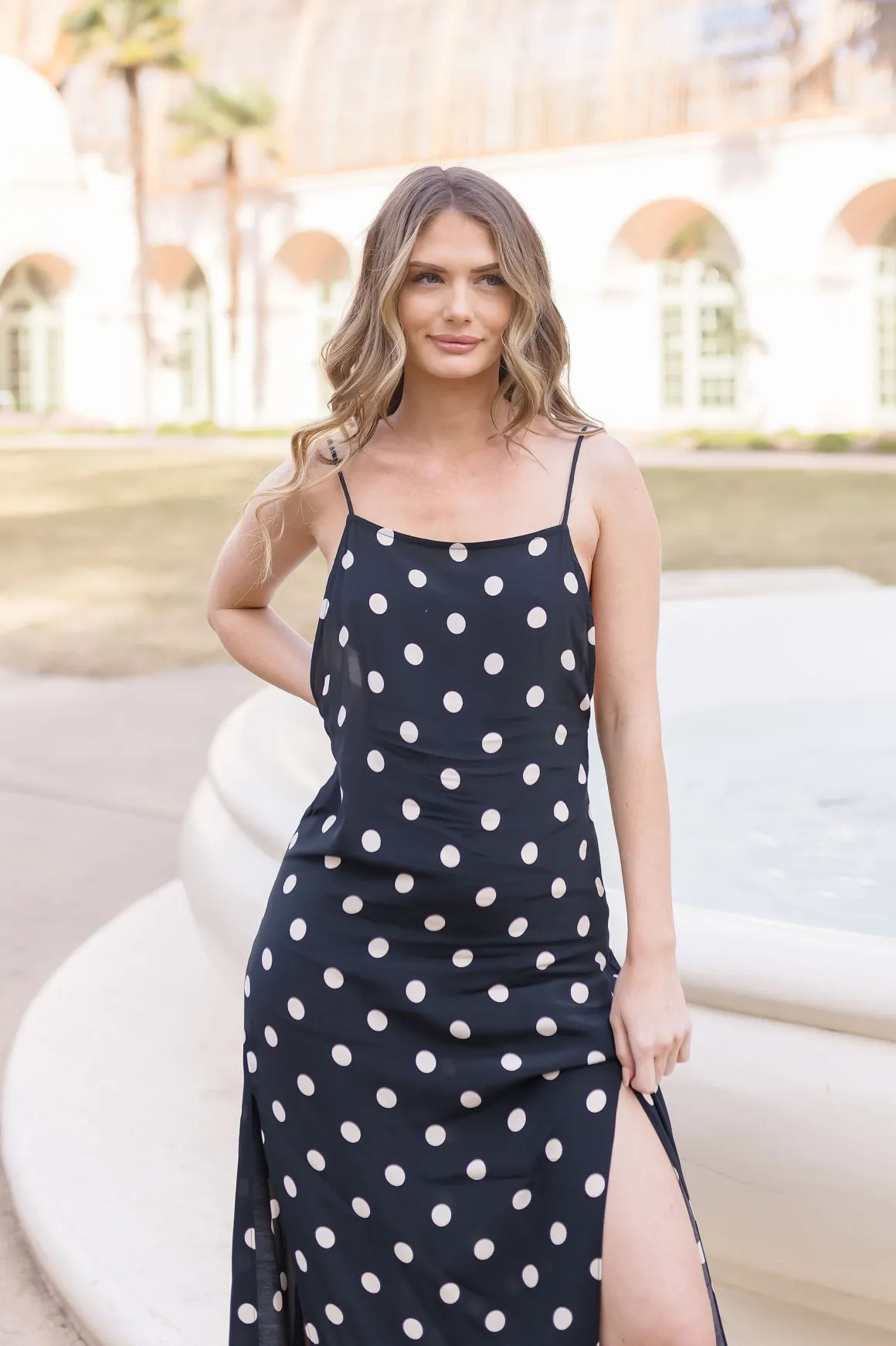 Maleah Sleeveless Low Open Back Polka Dot Print Maxi Dress Black