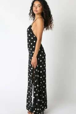 Maleah Sleeveless Low Open Back Polka Dot Print Maxi Dress Black