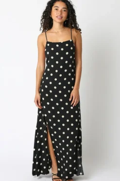 Maleah Sleeveless Low Open Back Polka Dot Print Maxi Dress Black