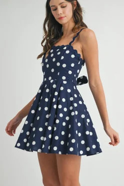 Mara Sleeveless Polka Dot Tie Back Mini Dress Navy