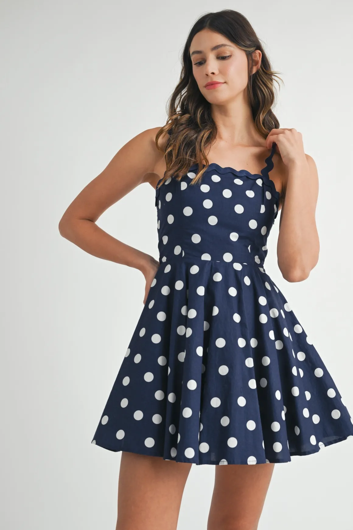 Mara Sleeveless Polka Dot Tie Back Mini Dress Navy