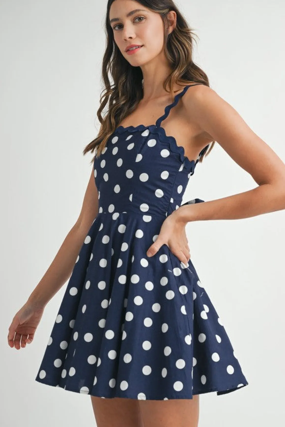 Mara Sleeveless Polka Dot Tie Back Mini Dress Navy