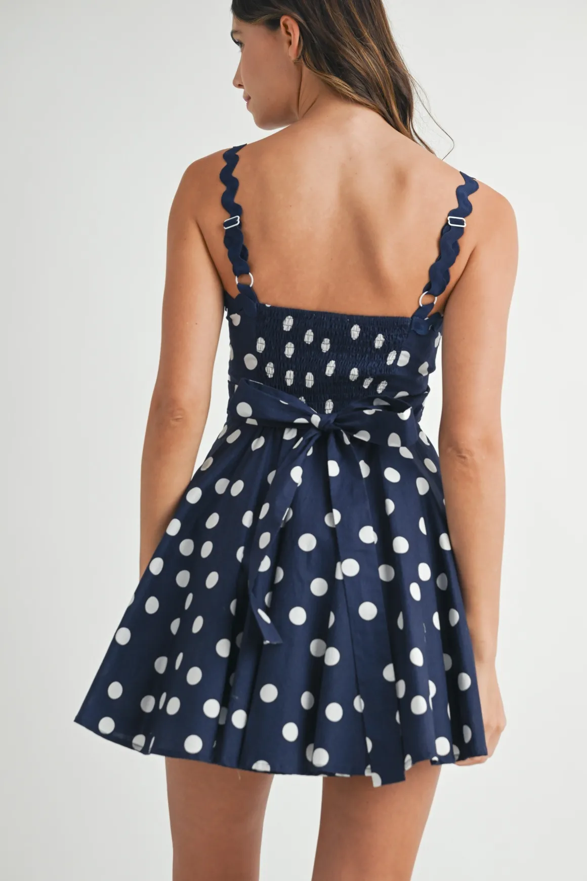 Mara Sleeveless Polka Dot Tie Back Mini Dress Navy