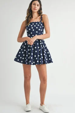 Mara Sleeveless Polka Dot Tie Back Mini Dress Navy