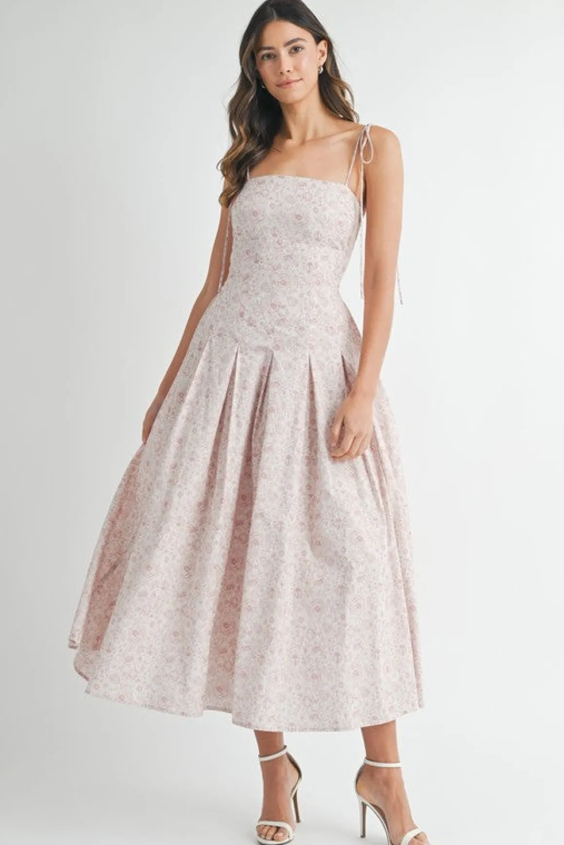 Marcella Sleeveless Shoulder Tie Floral Print Cut Out Midi Dress Blush