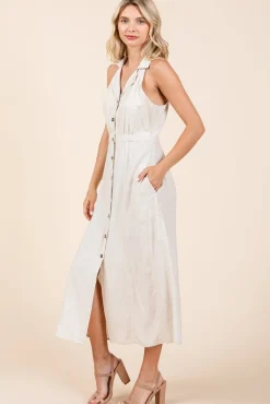 Margaret Sleeveless Halter Button Down Linen Midi Dress Natural