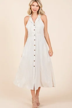 Margaret Sleeveless Halter Button Down Linen Midi Dress Natural