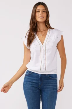 Margot Short Sleeve Button Down Embroidered Top White