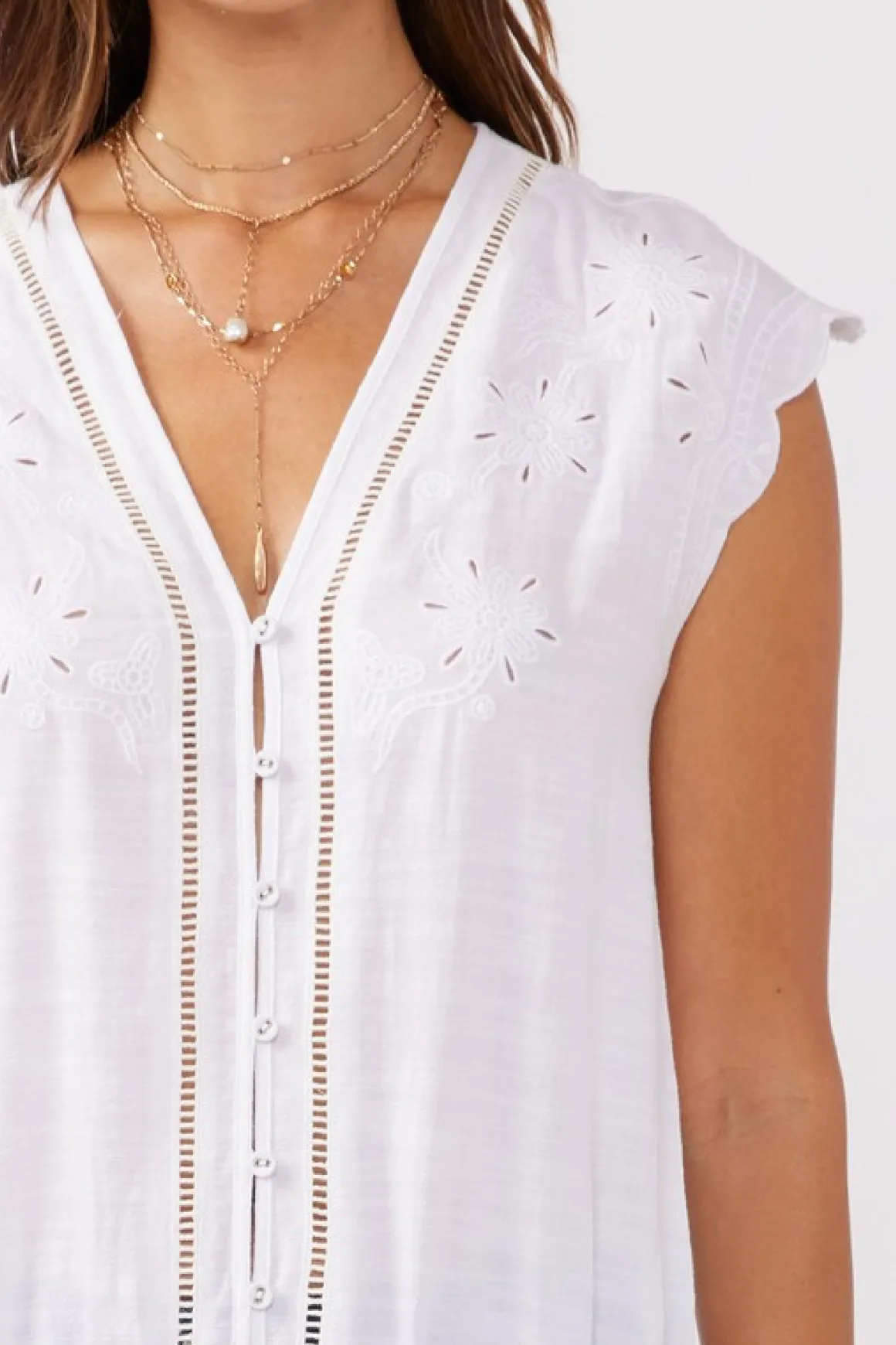 Margot Short Sleeve Button Down Embroidered Top White