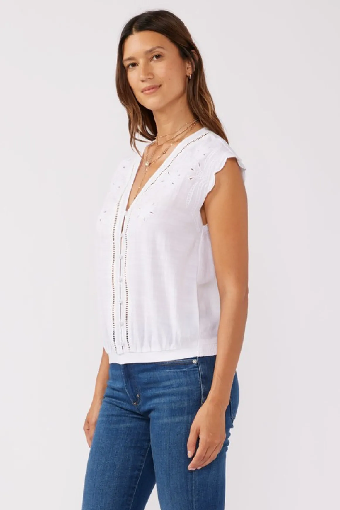 Margot Short Sleeve Button Down Embroidered Top White