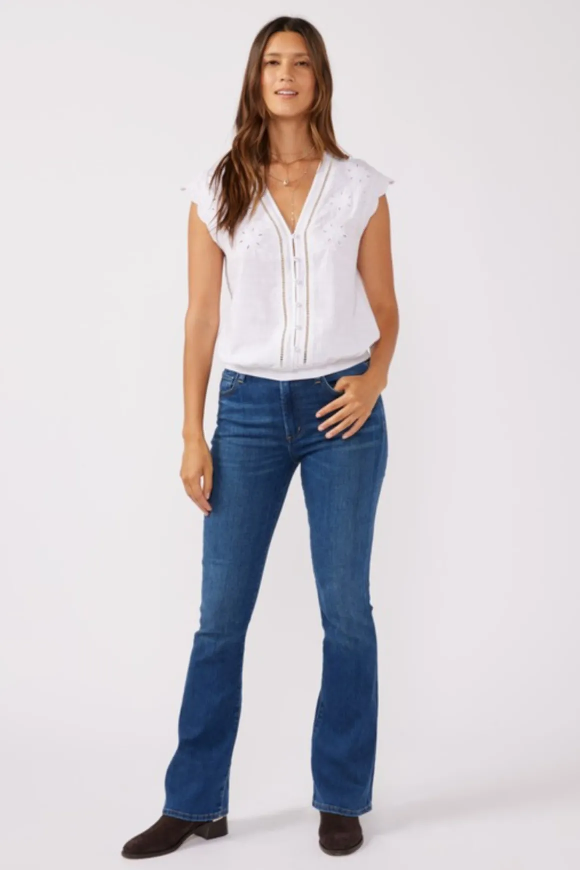 Margot Short Sleeve Button Down Embroidered Top White