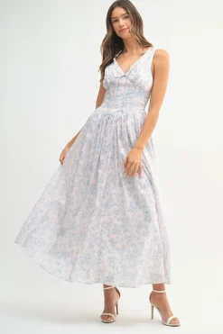 Mariah Sleeveless Corset Floral Print Midi Dress Blue