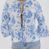 Maribel 3/4 Ruffle Sleeve Front Tie Floral Print Top Blue