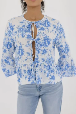 Maribel 3/4 Ruffle Sleeve Front Tie Floral Print Top Blue