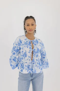 Maribel 3/4 Ruffle Sleeve Front Tie Floral Print Top Blue