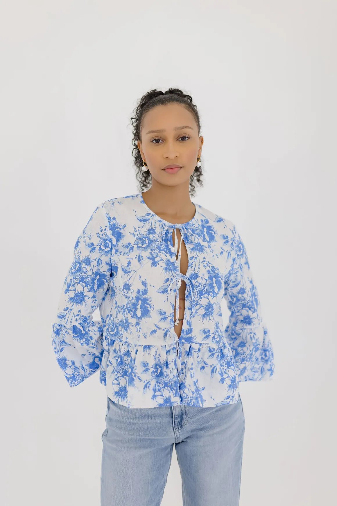 Maribel 3/4 Ruffle Sleeve Front Tie Floral Print Top Blue