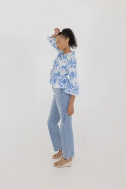 Maribel 3/4 Ruffle Sleeve Front Tie Floral Print Top Blue