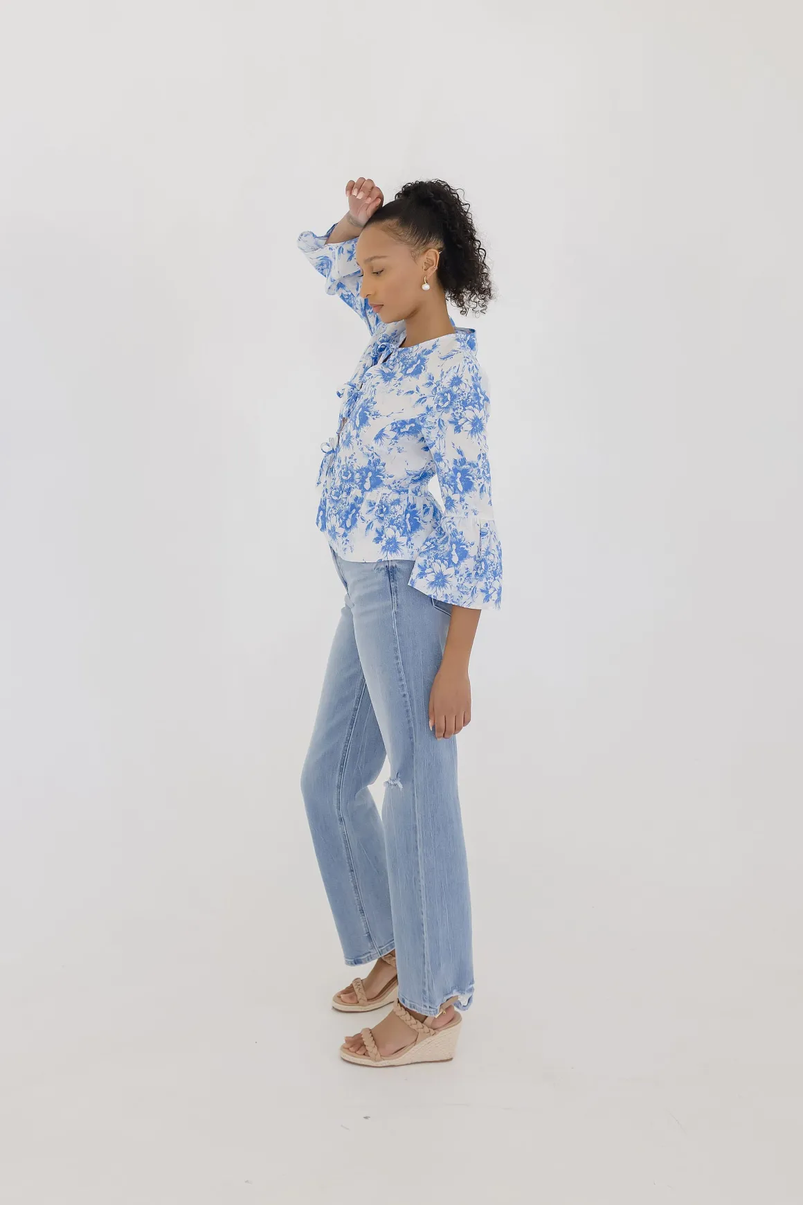 Maribel 3/4 Ruffle Sleeve Front Tie Floral Print Top Blue