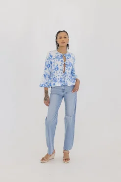 Maribel 3/4 Ruffle Sleeve Front Tie Floral Print Top Blue