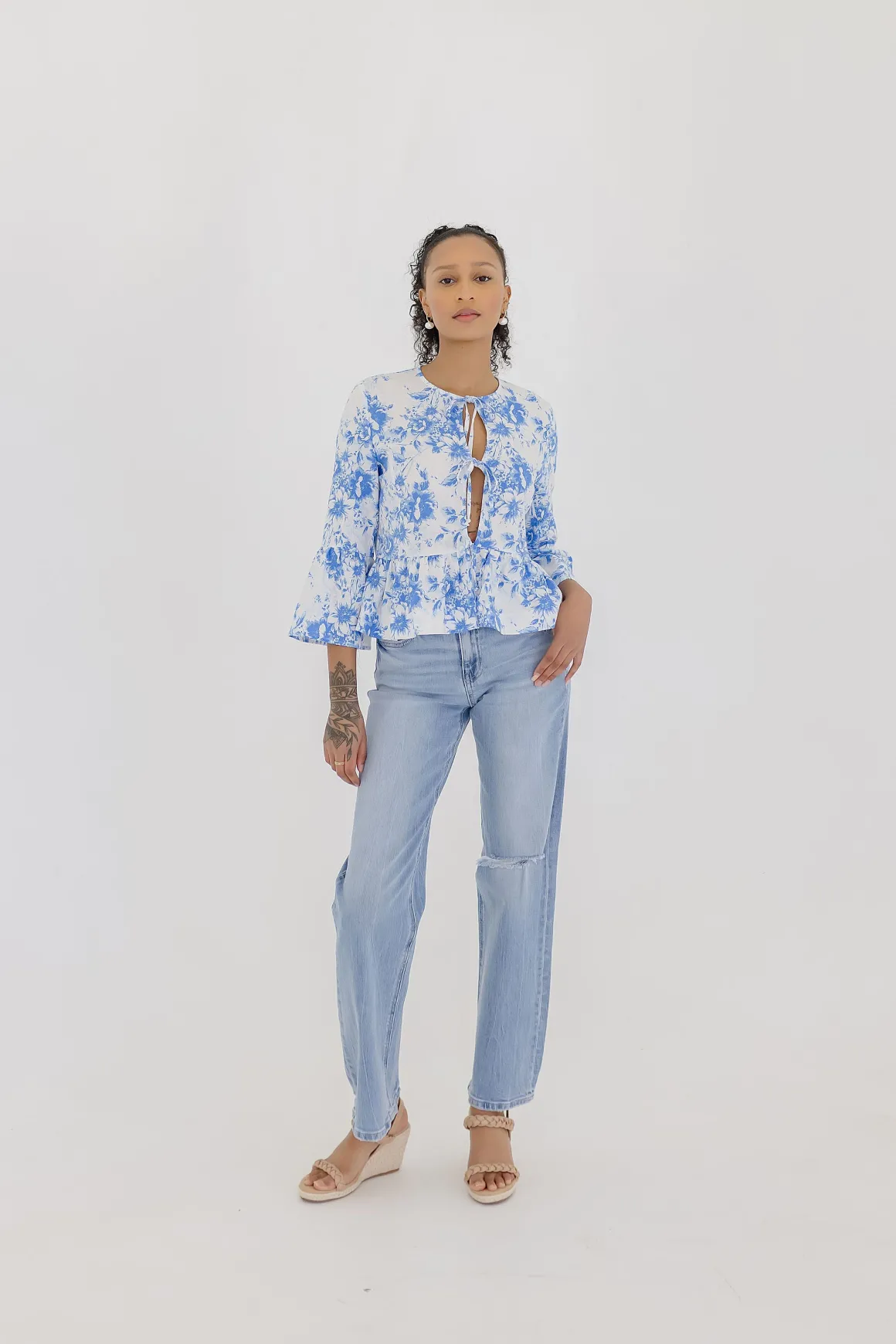 Maribel 3/4 Ruffle Sleeve Front Tie Floral Print Top Blue