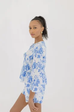 Maribel 3/4 Ruffle Sleeve Front Tie Floral Print Top Blue