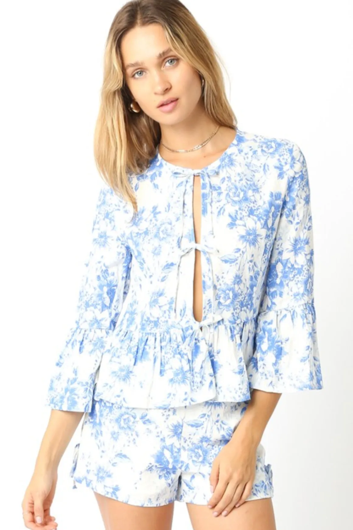 Maribel 3/4 Ruffle Sleeve Front Tie Floral Print Top Blue