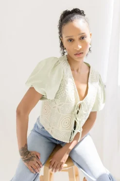 Marina Short Puff Sleeve Front Tie Crochet Embroidered Top Sage