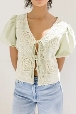 Marina Short Puff Sleeve Front Tie Crochet Embroidered Top Sage